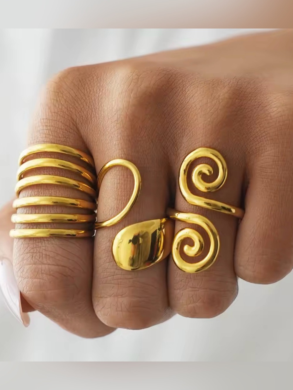 Gold Spiral and Band Statement Rings - Women Jewelry
